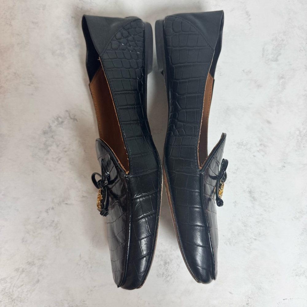 Women's Tory Burch Charm Croco Leather Loafers Size 7.5 Brown Black - Picture 2 of 10